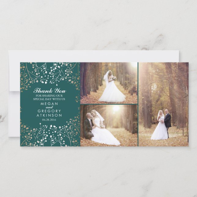 Guld Babyns andningsfoto Bröllop Tack Kort (Framsida)