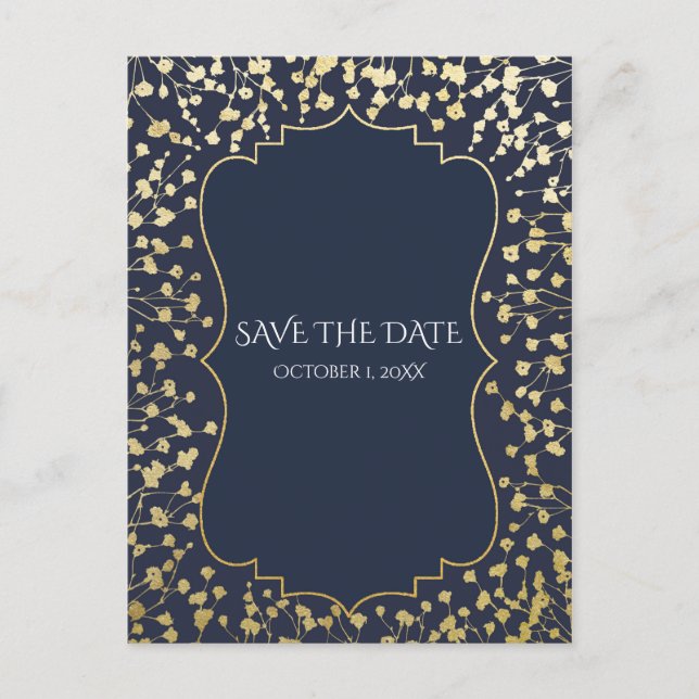 Guld Babys andedräkt Blommig Rustik Blå Spara Datu Meddelande Vykort (Framsida)