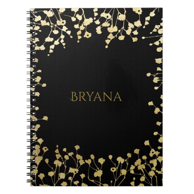 Guld Babys andning Blommig Elegant Svart Anteckningsbok (Framsidan)