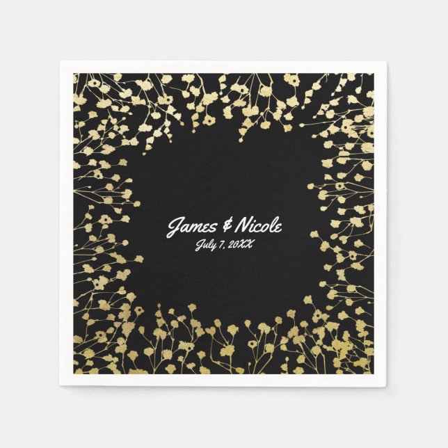 Guld Babys andning Blommig Elegant Svart Pappersservett (Framsidan)