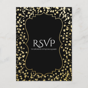 Guld Babysand Floral Chic Svart Bröllop RSVP Inbjudan Vykort