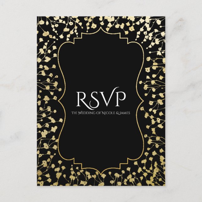 Guld Babysand Floral Chic Svart Bröllop RSVP Inbjudan Vykort (Framsida)