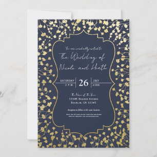Guld Babysand Floral Rustik Blå Bröllop Inbjudningar