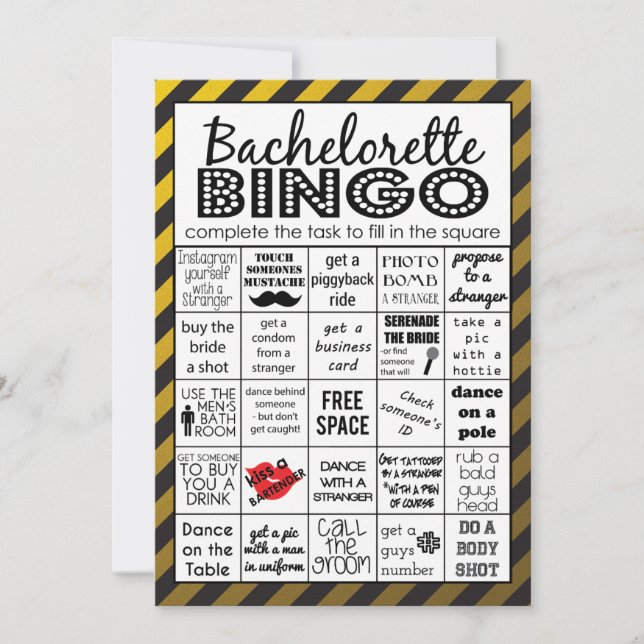 Guld Bachelorette Bingo, Party Game, Challenge Inbjudningar (Framsida)