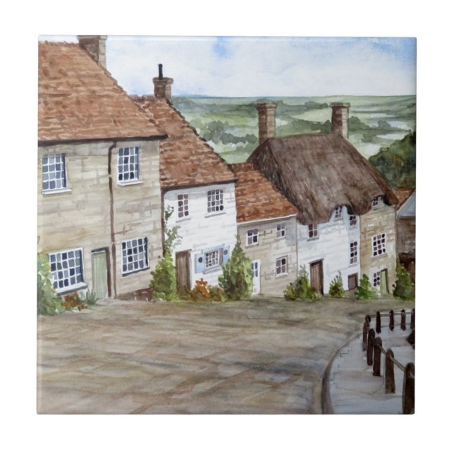Guld Backe, Shaftesbury, Dorset Watercolor Paintin Kakelplatta (Framsidan)