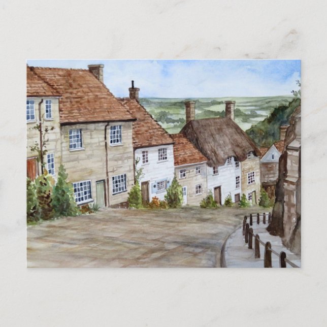 Guld Backe, Shaftesbury, Dorset Watercolor Paintin Vykort (Framsida)