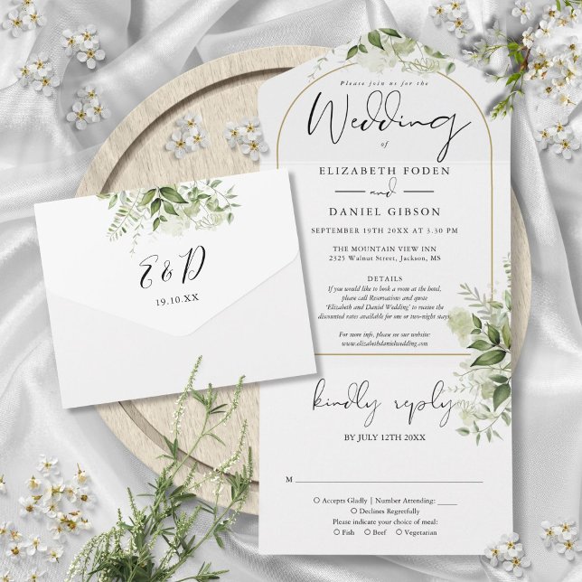 Guld Båg Grönska Blommiga Detaljer RSVP Bröllop (Gold Arch Greenery Floral Details RSVP Wedding All In One Invitation)
