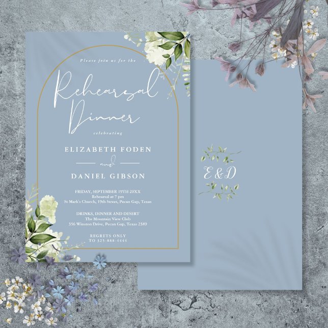 Guld Båg Grönska Dammig Blå Övning Middag Inbjudningar (Gold Arch Greenery Dusty Blue Rehearsal Dinner Invitation)