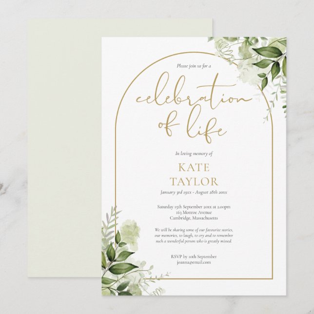 Guld Båg Grönska Firande Av Livet Begravning Inbjudningar (Fram/baksida)
