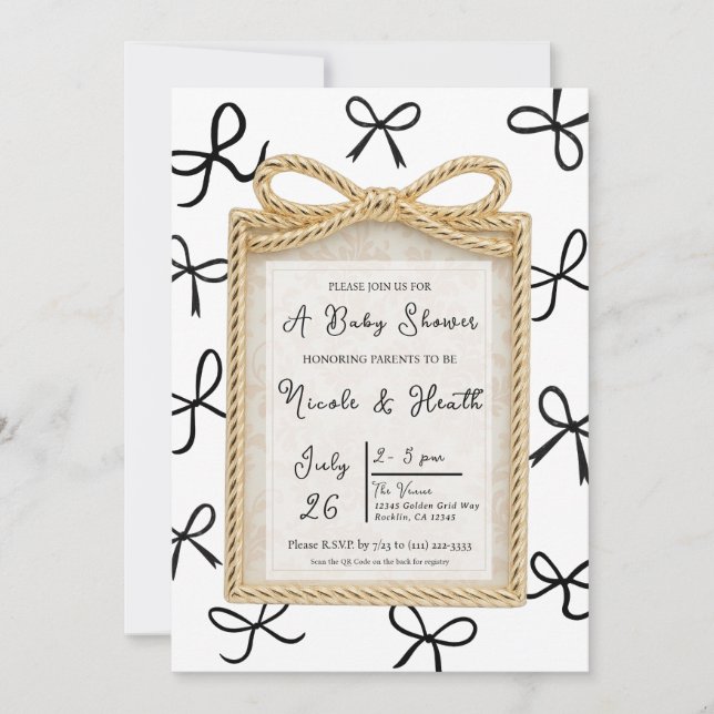 Guld Båg Ram & Små Svarta Bågar Baby Shower Inbjudningar (Framsida)