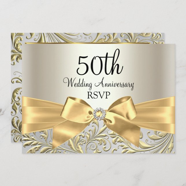 Guld Båge & Blommig Slinga 50-årsjubileum RSVP Inbjudningar (Fram/baksida)
