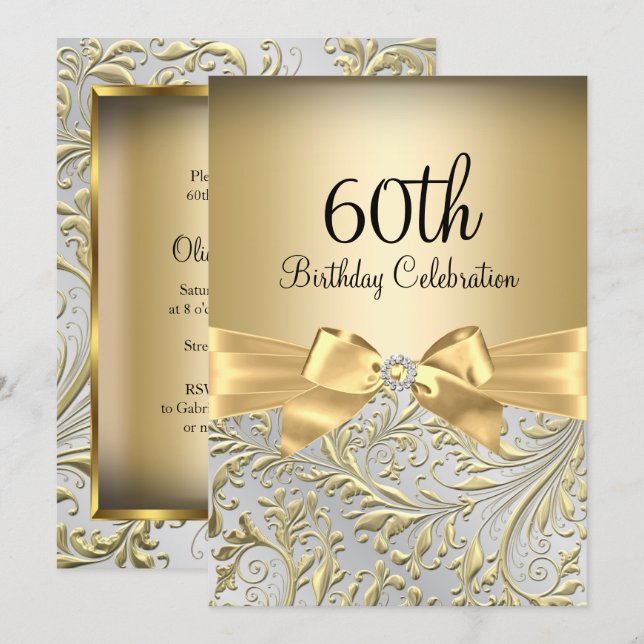 Guld Båge Blommig Virvel 60-årsfest Inbjudningar (Fram/baksida)