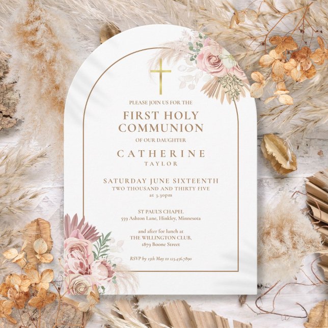 Guld Båge Pampas Gräs Blommig Första Kommunion Inbjudningar (Gold Arch Pampas Grass Floral First Holy Communion Invitation)