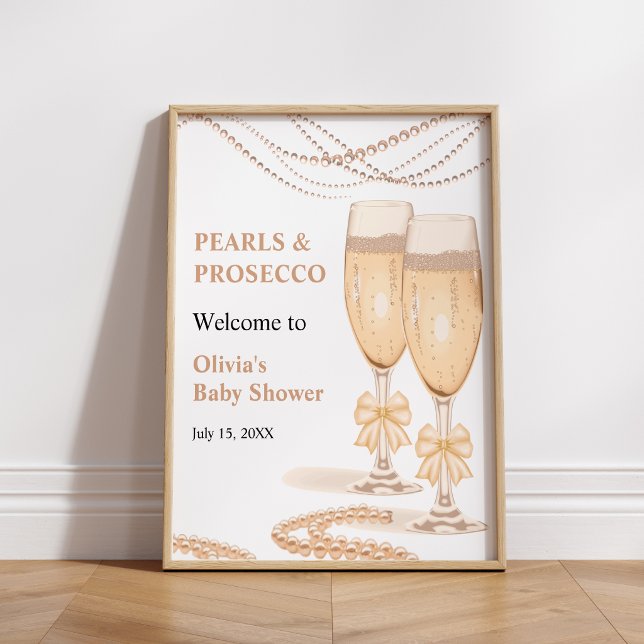 Guld Båge Pärlor och Prosecco Bröllopsfest Välkomm Poster (Gold Bow Pearls and Prosecco Bridal Shower Welcome Sign )