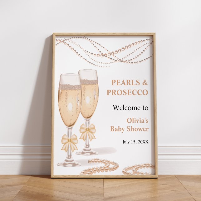 Guld Båge Pärlor och Prosecco Bröllopsfest Välkomm Poster (Gold Bow Pearls and Prosecco Bridal Shower Welcome Sign )