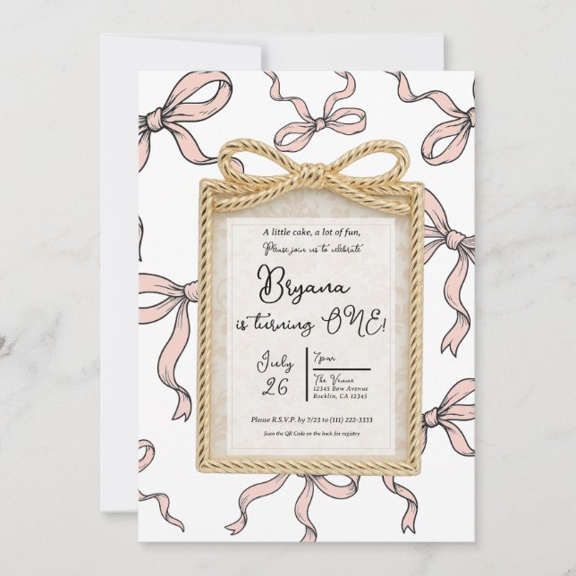 Guld båge ram rosa band 1-års födelsedag inbjudningar (Framsida)