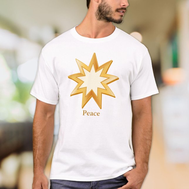 Guld Baha'i Symbol T Shirt (Gold nine pointed star symbol of the Baha’i faith T-Shirt. Customize with your text or organization.)