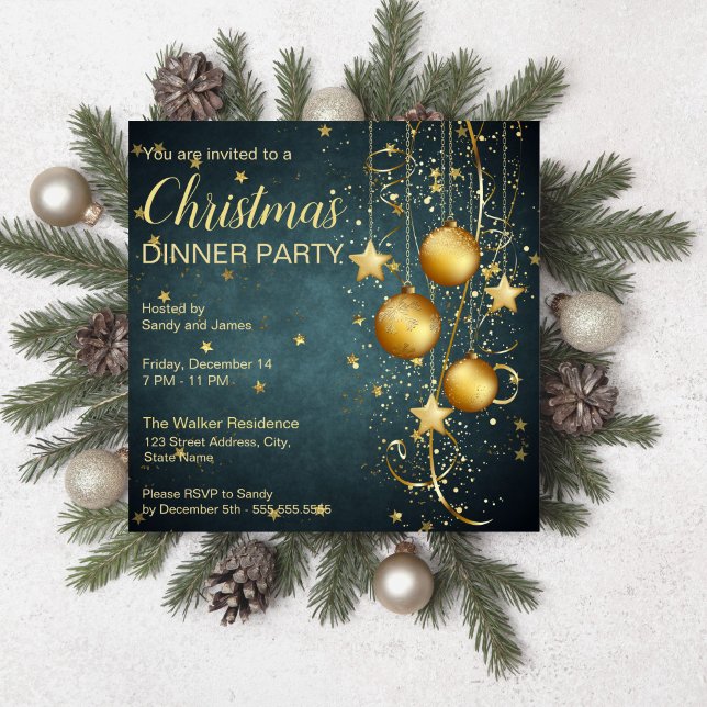 Guld-balkar och stjärnor mörk grönt Jul Inbjudningar (Gold baubles and stars dark teal green Christmas Invitation starry night christmas party invitation )