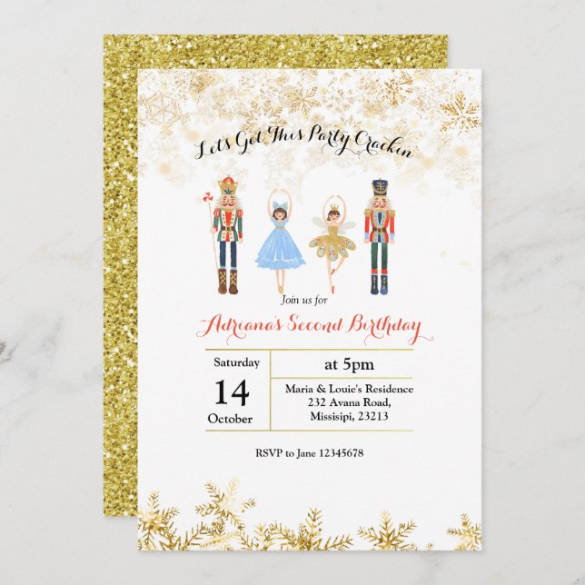 Guld Ballet jul jul Glitter Birthday Inbjudan (Fram/baksida)