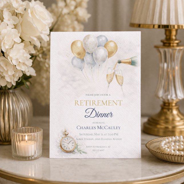 Guld Ballong Pensionärsinbjudan Inbjudningar (Gold balloon and champagne detail for a refined retirement dinner celebration)