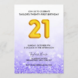 Guld-ballongen Lila Glitter 21 Födelsedagsfest Inbjudningar