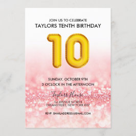 Guld-ballongen Rosa Glitter tionde Födelsedagsfest Inbjudningar