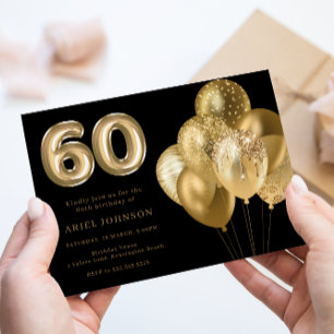 Guld-ballonger, 60:e Födelsedagsfesten svart Inbjudningar