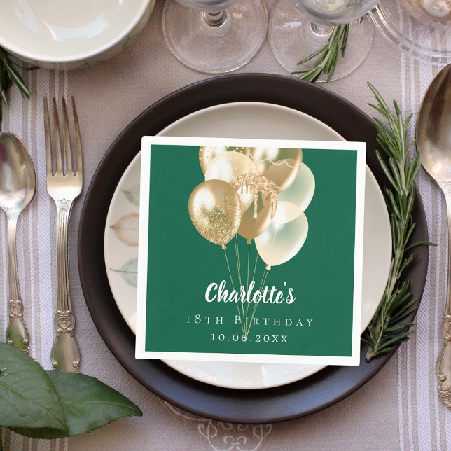 Guld-ballonger från födelsedagen grönt pappersservett (Skapare uppladdad)