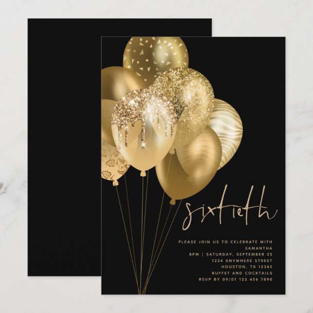 Guld-ballonger Glitter Black 60:e Födelsedagsfeste Inbjudningar (Fram/baksida)