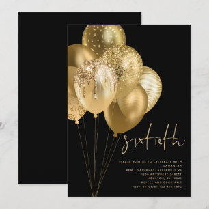 Guld-ballonger Glitter Black 60:e Födelsedagsfeste Inbjudningar