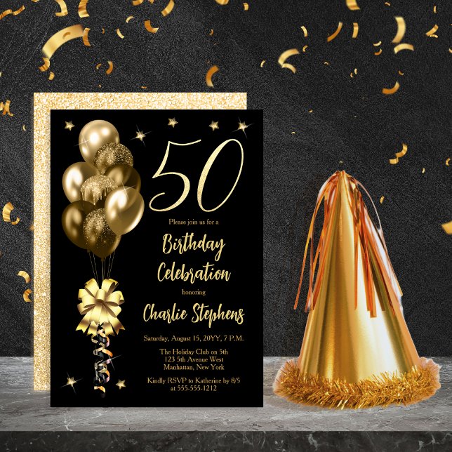 Guld-ballonger i elegant på 50:e Födelsedagsfesten Inbjudningar (Elegant Gold-Toned Balloons on Black Dramatic 50th Birthday Invitation)