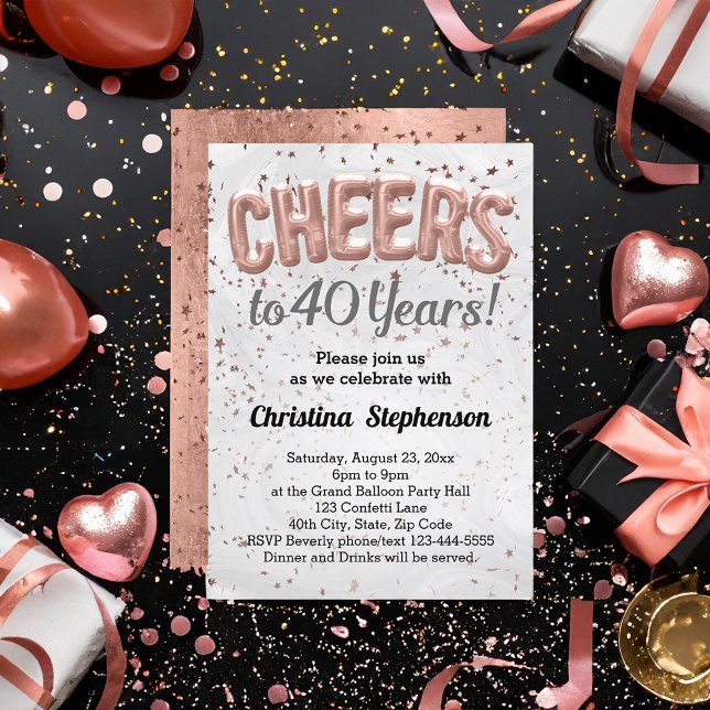 Guld-ballonger i ro 40 år 40 födelsedagar inbjudningar (cheers to 40 years rose gold glitter 40th birthday party invitation for women)