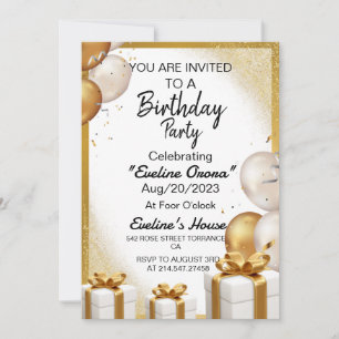 Guld Ballons Gift Birthday-inbjudan Inbjudningar