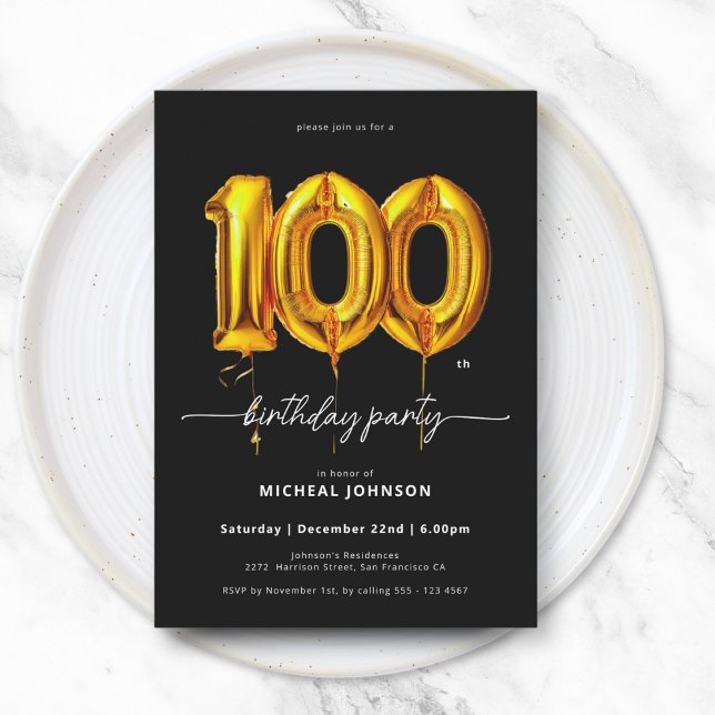 Guld Balloon Black 100-årsdagen Inbjudningar (Gold Balloon Black 100th Birthday Invitation)