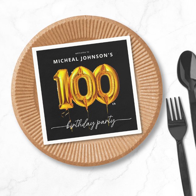 Guld Balloon Black 100:e Födelsedagsfesten Pappersservett (Gold Balloon Black 100th Birthday Party Napkins)