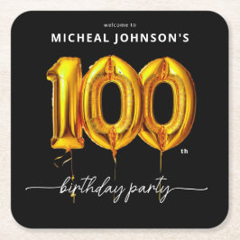 Guld Balloon Black 100:e Födelsedagsfesten Underlägg Papper Kvadrat