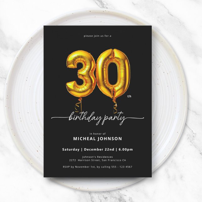 Guld Balloon Black 30års födelsedag Inbjudningar (Gold Balloon Black 30th Birthday Invitation)
