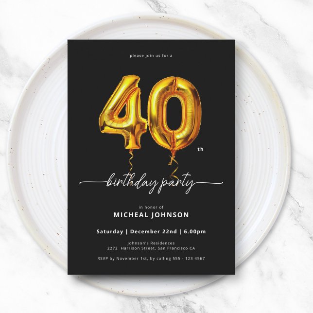 Guld Balloon Black 40:e födelsedagen Inbjudningar (Gold Balloon Black 40th Birthday Invitation)