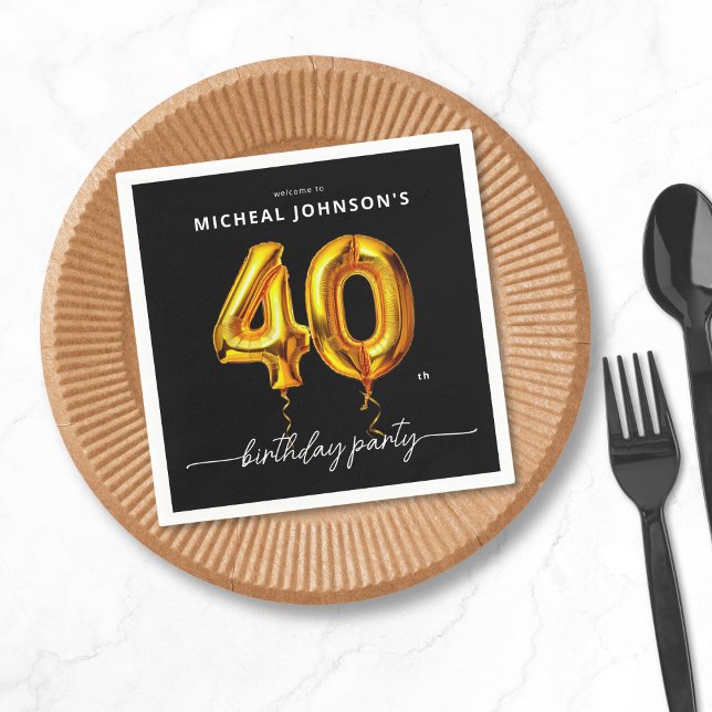 Guld Balloon Black 40:e födelsedagen Party Pappersservett (Gold Balloon Black 40th Birthday Party Napkins)