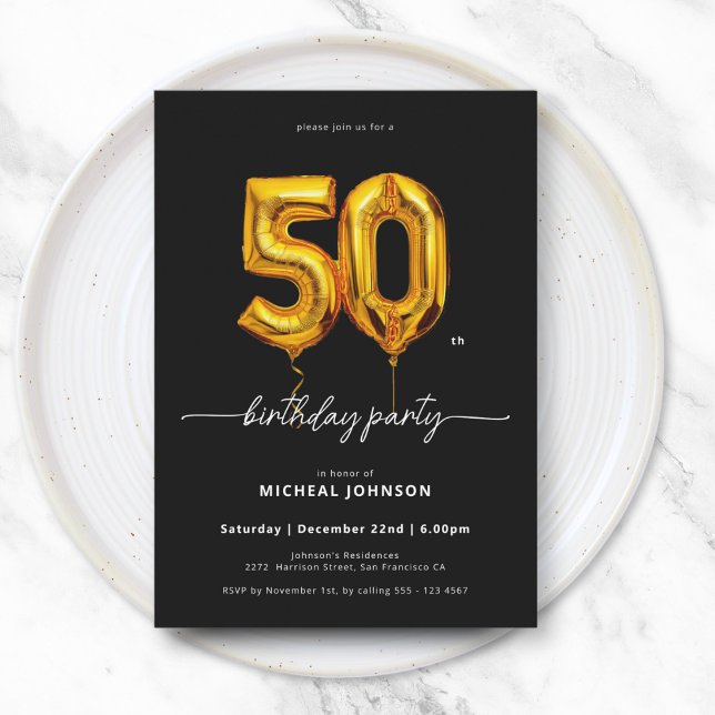 Guld Balloon Black 50:e födelsedagen Inbjudningar (Gold Balloon Black 50th Birthday Invitation)
