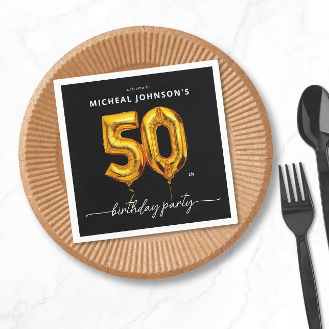 Guld Balloon Black 50:e Födelsedagsfesten Pappersservett (Gold Balloon Black 50th Birthday Party Napkins)