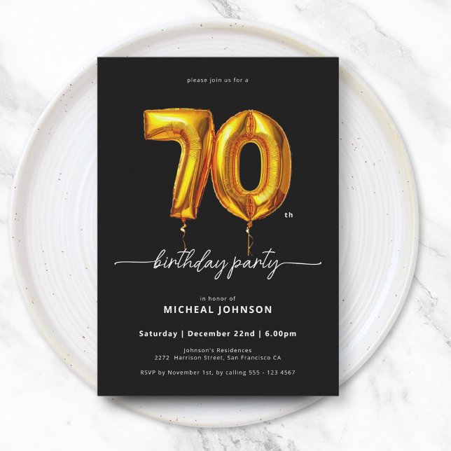 Guld Balloon Black 70:e födelsedagen Inbjudningar (Gold Balloon Black 70th Birthday Invitation)