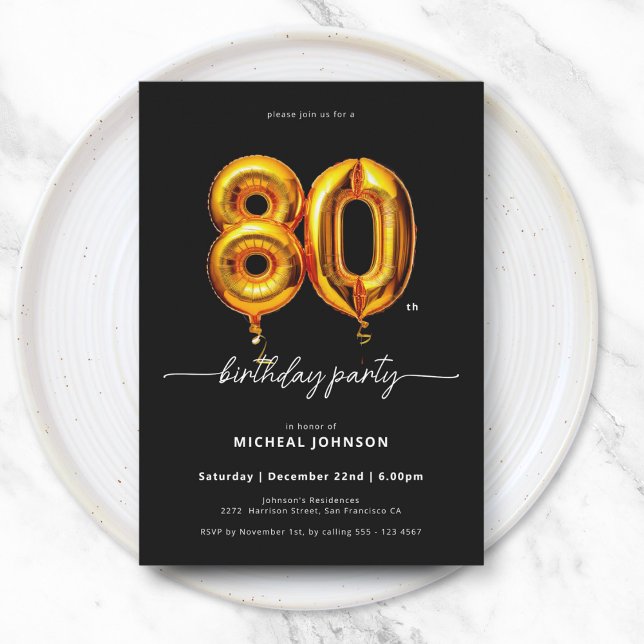 Guld Balloon Black 80:e födelsedagen Inbjudningar (Gold Balloon Black 80th Birthday Invitation)