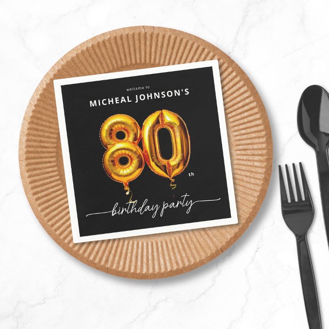 Guld Balloon Black 80:e Födelsedagsfesten Pappersservett (Gold Balloon Black 80th Birthday Party Napkins)