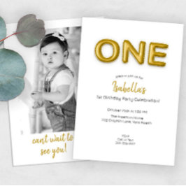 Guld Balloon First Birthday Photo Party Inbjudan