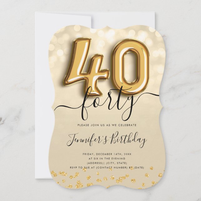 Guld Balloon Glitter 40:e födelsedag Party Inbjuda Inbjudningar (Framsida)