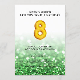 Guld Balloon Grönt Glitter åttonde Födelsedagsfest Inbjudningar