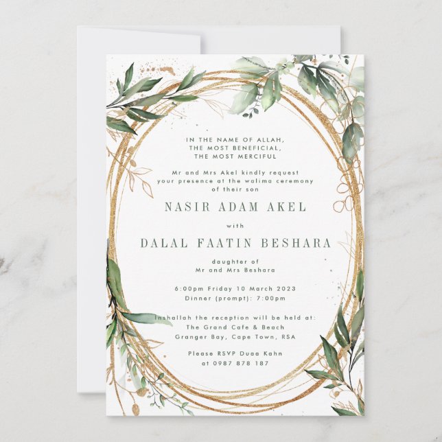 Guld Bands Eucalyptus Elegant Nikkah Bröllop Inbjudningar (Framsida)