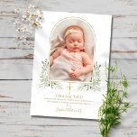 Guld Baptism Christening Greenery Arch Photo Tack Kort<br><div class="desc">Guld namnteckning baptism,  döpande fototack. Anpassa med foto och speciell baptism,  dölj tack för ditt budskap i chic guld-brev om den här moderna eleganten med en elegant guld-arch och vattenfärgsgrönt löv. Designad av Thisisnotme©</div>