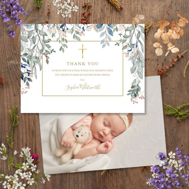 Guld Baptism Christening Photo Foliage Guld Tack Kort (Gold Baptism Christening Photo Foliage Gold Thank You Card)
